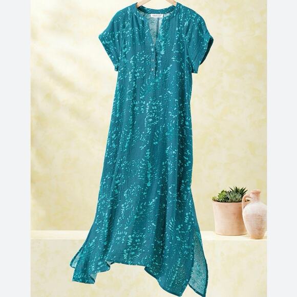 Coldwater Creek Dresses & Skirts - NEW Coldwater Creek Gauze Caftan Size XL Teal Batik Brushstroke Lagenlook Cotton